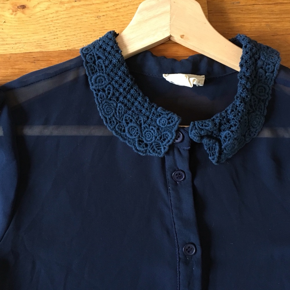 UO Crochet Collar Navy Sheer Button Down S